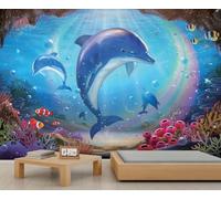 BEQUTIY Rainbow Underwater Dolphin Tropical Fish & Coral Reef 3D Wall Mural Self Adhesive Decoration, Mural for Bedroom Bathroom Living Room, Wallpaper Decor 350x250cm (Not Self-Adhesive)