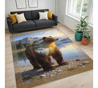 BEQUTIY Realistic Brown Bear Mountain Landscape Carpet 120 x 180 cm, Wildlife Style Area Carpets, Nature Inspired Home Decor Mat Machine Washable Non Slip Carpet, Kitchen Bedroom Living Room