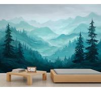 BEQUTIY Serene Teal Mountain Landscape Mural, Pine Tree Forest Wallpaper, Nature-Inspired Wall Art for Living Room & Bedroom 100x100cm (Not Self-Adhesive)