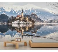 BEQUTIY Serene Winter Bled Castle & Church Wall Mural - Mountain Lake Reflection Wallpaper for Home Accent Wall Decor 250x175cm (Not Self-Adhesive)