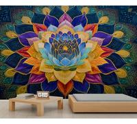 BEQUTIY Spiritual Rainbow Lotus Mandala Wall Mural, Colorful Artistic Expression, Stylish Home Decoration for Living Space Entryway 150x105cm (Not Self-Adhesive)