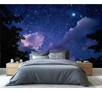 BEQUTIY Starry Night Sky Bedroom Wallpaper, Cosmic Clouds & Tree Silhouettes Mural, Peel and Stick Removable Wall Decor for Bedroom Living Room 350x250cm (Not Self-Adhesive)