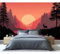 BEQUTIY Sunset Forest & Deer Silhouette Wallpaper, Red Orange Sky Mural, Peel and Stick Removable Wall Decor for Bedroom Living Room 250x175cm (Not Self-Adhesive)