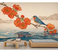 BEQUTIY Traditional Japanese-Style Bird & Blossom Wall Mural Large Wall Decor for Bedroom/Living Room, Calm Water Landscape Art Decal 300x210cm (Not Self-Adhesive)