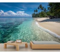 BEQUTIY Tropical Paradise Beach Mural, Crystal Clear Ocean & Palm Tree Scene, Perfect for Bedroom & Living Room Ambiance 350x250cm (Not Self-Adhesive)