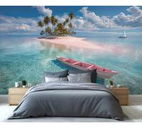 BEQUTIY Tropical Pink Sand Island Mural - Crystal Clear Waters & Palm-Fringed Paradise Wall Art for Living Room, Idyllic Seaside Escape Wallpaper 250x195cm (Not Self-Adhesive)