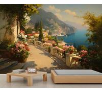 BEQUTIY Vintage Coastal Villa Walkway Mural, Floral Path & Seaside Village Decor, Removable Wallpaper for Art and Travel Enthusiasts 350x250cm (Not Self-Adhesive)
