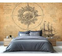 BEQUTIY Vintage Nautical Map with Ship & Compass Wall Mural - Retro Maritime Decor for Living Room, Study, Antique Sailing Art Wallpaper 250x175cm (Not Self-Adhesive)