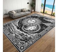 BEQUTIY Vintage Tarot Card Area Rug 150 x 240 cm, Mystical Celestial Sun Moon Living Room Carpet, Woodcut Mountain Landscape Non-Slip Washable Indoor Floor Rugs for Apartment, Game Room