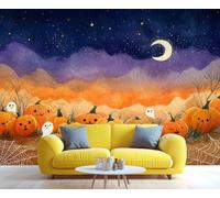 BEQUTIY Watercolor Halloween Pumpkin & Ghost Mural, Whimsical Starry Night Fall Wall Art for Kids Room Nursery, Festive Halloween Home Decor Wall Mural 400x280cm (Not Self-Adhesive)