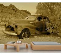 BEQUTIY Western Desert Wrecked Classic Car Wall Mural - Nostalgic Rustic Art Wallpaper for Bedroom Accent Wall 100x100cm (Not Self-Adhesive)
