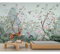 BEQUTIY Whimsical Forest Animal Wall Mural Removable Wallpaper, Deer & Hummingbird Floral Easy Install Decor for Living Room Bedroom 100x100cm (Not Self-Adhesive)