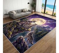 BEQUTIY Wolf Pack Scene Carpet 150 x 180 cm, 3D Printed Wildlife Themed Area Rugs, Purple Moon Forest Rug for Durable Soft Mat Non Slip Rugs, for Kitchen Bedroom Living Room