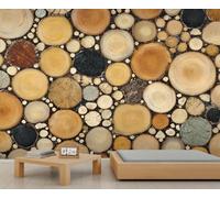 BEQUTIY Wooden Log Slice Patchwork Wall Mural, Natural Textured Decorative Mural, Perfect for Home Office & Cabin Accent Wall 400x280cm (Not Self-Adhesive)