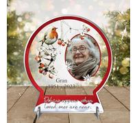 Bereavement Robin Snowglobe Keepsake Plaque - In Loving Memory of Angels Near, Personalised Own Name & Dates Sentimental Remembrance Ornament for Family (Red Snowflakes)