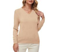 BERESIA Women's Spring Tops 2025 Fashion V Neck Long Sleeve Knit Tops Casual Pullover Sweater, Apricot, S