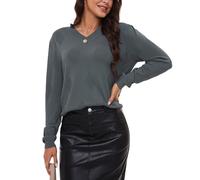 BERESIA Women's Spring Tops 2025 Fashion V Neck Long Sleeve Knit Tops Casual Pullover Sweater, Grey, XL