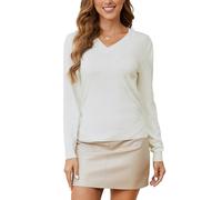 BERESIA Women's Spring Tops 2025 Fashion V Neck Long Sleeve Knit Tops Casual Pullover Sweater, Off-White, L