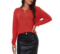 BERESIA Women's Spring Tops 2025 Fashion V Neck Long Sleeve Knit Tops Casual Pullover Sweater, Red, XL