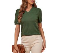 BERESIA Women's V-Neck Puff Short Sleeve Sweater Pullover 2025 Fashion Casual Rib Knitted Shirts, ArmyGreen, XL