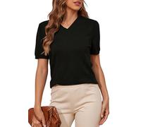 BERESIA Women's V-Neck Puff Short Sleeve Sweater Pullover 2025 Fashion Casual Rib Knitted Shirts, Black, L