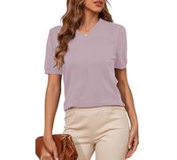 BERESIA Women's V-Neck Puff Short Sleeve Sweater Pullover 2025 Fashion Casual Rib Knitted Shirts, Lightpurple, M