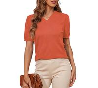 BERESIA Women's V-Neck Puff Short Sleeve Sweater Pullover 2025 Fashion Casual Rib Knitted Shirts, Orange, XL