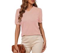 BERESIA Women's V-Neck Puff Short Sleeve Sweater Pullover 2025 Fashion Casual Rib Knitted Shirts, Pink, S
