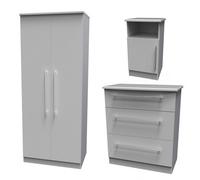 Ready Assembled Edina 3 Piece Set - Wardrobe, Chest and Bedside Cabinet - Grey Matt, Grey