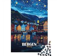 Bergen Norway Nightscape Illustration Jigsaw Puzzle 1000 Pieces, Old Europe Travel Artwork, Premium Paper Puzzle, Decorative Artwork for Home Décor Fans, Paper Board, 38x26cm/1000pcs