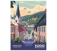 Bergen, Norway Travel Poster Jigsaw Puzzle 1000 Pieces, Old Europe Travel Artwork, Thick Cardboard Pieces, for Home Décor Fans, Gift Idea, 52x38cm/1000pcs
