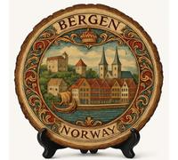 Bergen Souvenir Gift - Wood Slice Plaque for Wall or Table, Norway Souvenir for Tourists, Plate Collectors & Travel Lovers, Mountainous City Decorative Gift