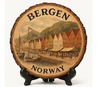 Bergen Souvenir Gift - Wood Slice Plaque for Wall or Table, Norway Souvenir for Tourists, Plate Collectors & Travel Lovers, Historic Hanseatic City Decorative Gift