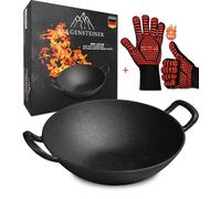 Bergensteiner Wok made of 100% cast iron, 36 cm diameter, large, grill, induction, fire, gas grill, wok pan, incl. premium grill gloves