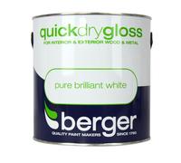 Berger Quick Dry Gloss 2.5L - Brilliant White: Fast-Drying, Water-Borne Finish for Interior and Exterior Wood and Metal