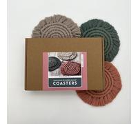 Bergin & Bath Macramé Craft Kit Coasters. Learn to make three coasters in blush pink, light grey and laurel. Art Craft Kit for adults and teens. Creative gift idea.