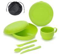 Berglander Camping Cutlery Set with Bowl, Plate, Cup, Spoon, Fork, Knife and Carry Bag, Space Saving, Camping Essentials Plastic Utensils for Travel, Picnic (Green)