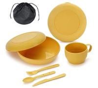 Berglander Camping Mess Kit with Bowl, Plate, Cup, Spoon, Fork, Knife and Carry Bag, Save Space, Easy to Carry, Plastic Camping Essentials Utensils for Travel, Picnic, Outdoor (Gold Yellow)