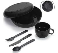 Berglander Camping Mess Set with Bowl, Plate, Cup, Spoon, Fork, Knife and Carry Bag, Camping Accessories Equipment for Travel, Picnic, Easy to Carry and Clean (Black)