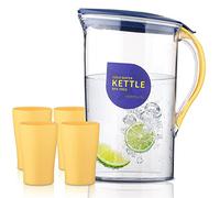 Berglander Fridge Door Water Pitcher with Lid and 4 Cups Perfect for Making Tea, Juice and Cold Drink, 2.1L Water Jug Made of Clear PET, No Smell Clear Plastic Water Carafe BPA Free