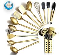 Gold Cooking Utensils Set, Berglander Stainless Steel 13 Pieces Kitchen Utensils Set With Titanium Gold Plating, Kitchen Tools Set With Utensil Holder