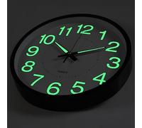BERGUF 12 Inch Night Light Wall Clock, Silent Non-Ticking Quartz Wall Clocks, Large Luminous Function Numbers and Hands, Easy to Read Both Day and Night (Black)