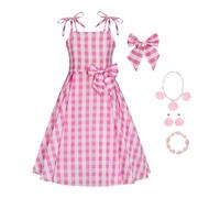Berich Barbii Costume with Neckline Baby Theme Birthday Party Dress up Girls Role Play Outfit Kids Halloween Carnival Outfit Girls Plaid Dress Margot Robbie Barbii Dress 6-7 Years(Pink 140)