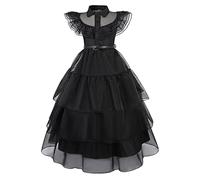 Berich Black Costume with Wig Kids Gothic School Fancy Dress up Princess Family Things Merchandise Party Black Dresses World Book Day Outfit Kids Halloween Costumes 9-10 Years,150