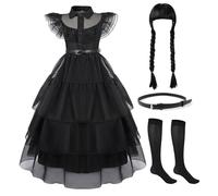 Berich Black Dress Costume with Socks and Wig Kids Gothic School Fancy Dress up Princess Family Things Merchandise Party Dresses World Book Day Outfit Girls Black Halloween Costumes 10-12 Years,160