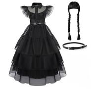 Berich Black Dress Costume with Wig Kids Gothic School Fancy Dress up Princess Family Things Merchandise Party Dresses World Book Day Outfit Girls Black Halloween Costumes 10-12 Years,160