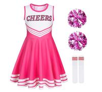 Berich Cheerleader Outfit Kids Dress Up with Pompoms Socks Princess Costumes for Girls Halloween Uniform Outfit Therm Party Clothing Girls Cheerleader Costume Pink 8-9 Years,140