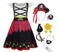 Berich Girls Pirate Dress Up Halloween Costume for Girls World Book Day Costumes Pirate Sword Eye Patch Headband Therm Party Role Play Outfit Kids Dress Up 9-10 Years, Size 150, Black