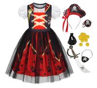Berich Pirate Costume Girls Dress Up Halloween Therm Party Outfit Princess Fancy Dress Pirate World Book Day Costumes for Girls 9-10 Years(Red,150)