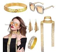 Berimaterry 1970s Disco Accessories for Women Disco Costume Set with Sequin Headband Sunglasses Necklace Earrings Rhinestone Scarf and Bracelet Ladies Disco Fancy Accessories Sets Gold